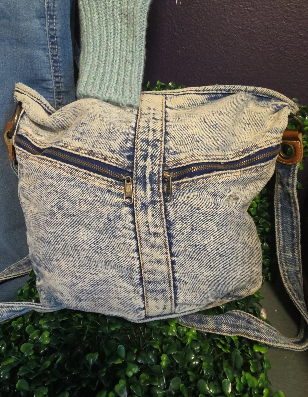 Handmade Acid Washed Denim Crossbody Bag With Doubble Front Pockets